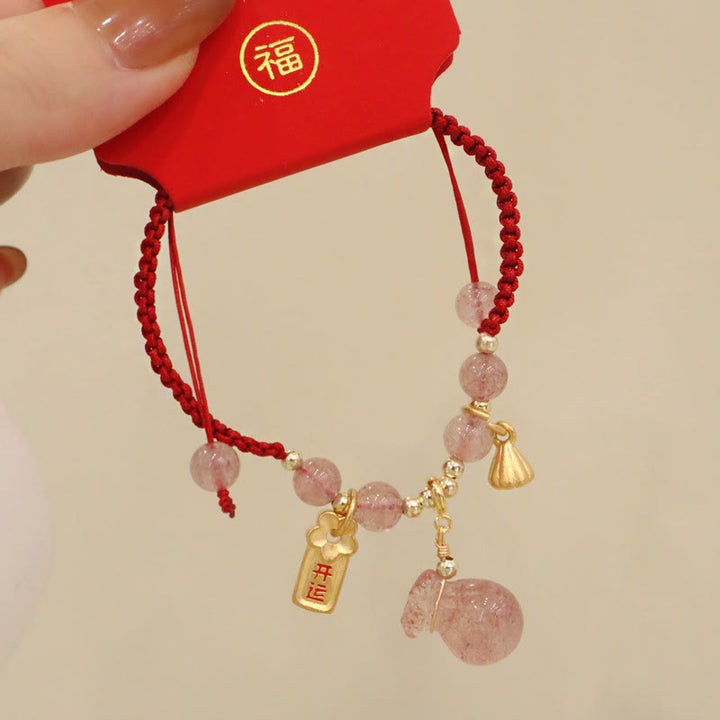 Buddha Stones天然ストロベリークォーツ マネーバッグ ロータス ヒーリングチャーム赤紐編み込みブレスレット