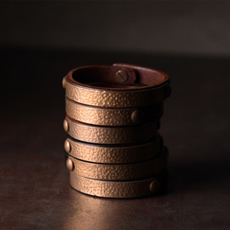 Buddha Stonesヴィンテージ ハンドメイド テクスチャ 銅 真鍮 レザー開運財運ブレスレットバングル