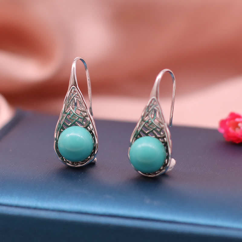 Buddha Stones925スターリングシルバー ターコイズビーズ模様 プロテクションドロップダングルイヤリング