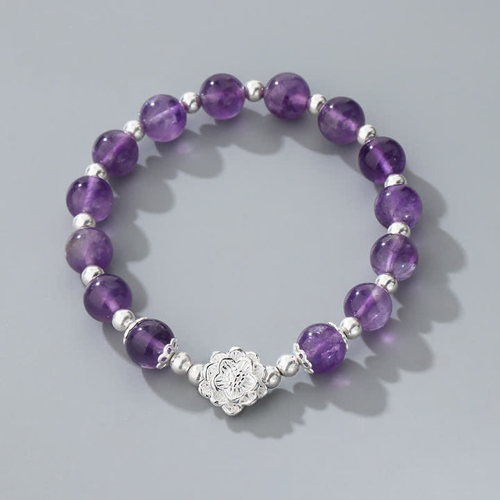 Buddha Stones925スターリングシルバー 天然アメジスト ロータス スピリチュアルブレスレット