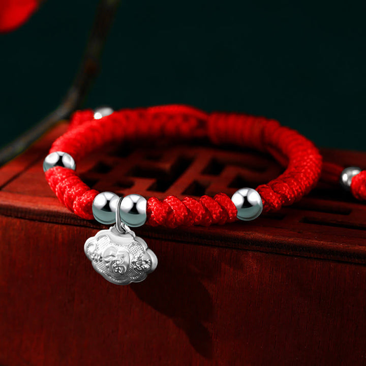Buddha Stones925 スターリングシルバー ハンドメイド フーキャラクター 幸運のお金袋 中国ロックチャーム ベル ロータス 銅貨 キングコングノット編み 子供用ブレスレット