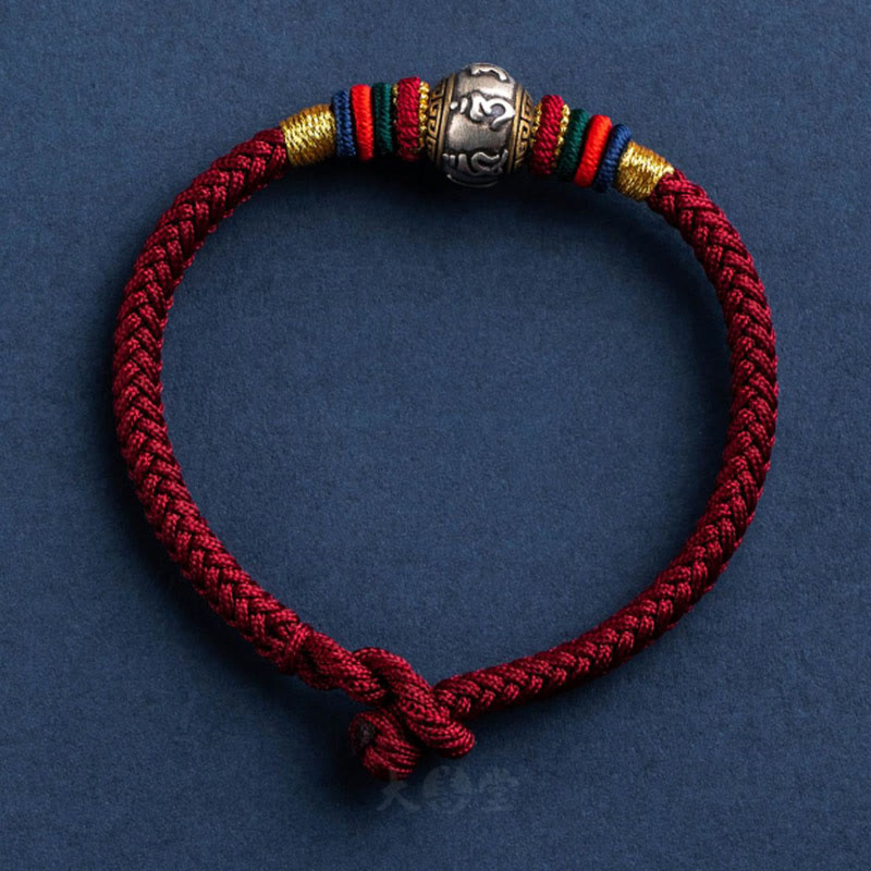 Buddha Stones925 スターリングシルバー チベット ハンドメイドオーム・マニ・パドメ・フム幸運の守護 キングコングノット 編み込みブレスレット