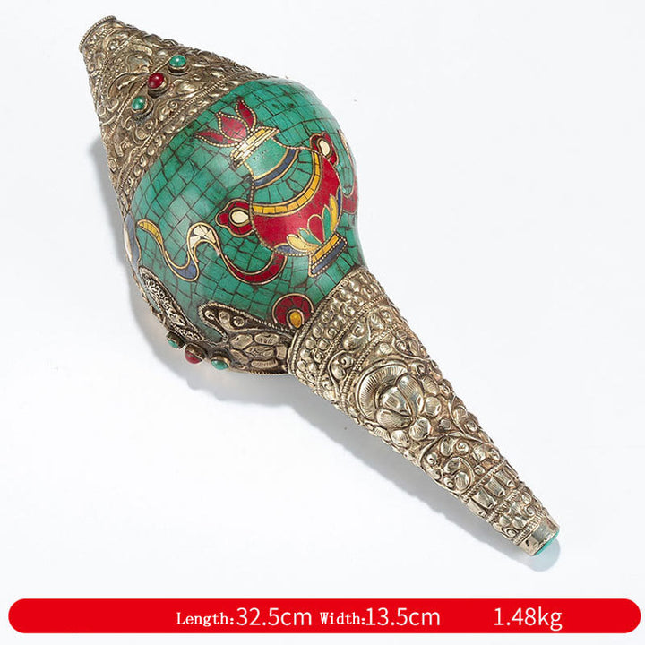 チベット手作り Shankha Om Mani Padme Hum Buddha Avalokitesvara ターコイズ コンクシェル ポジティブ装飾