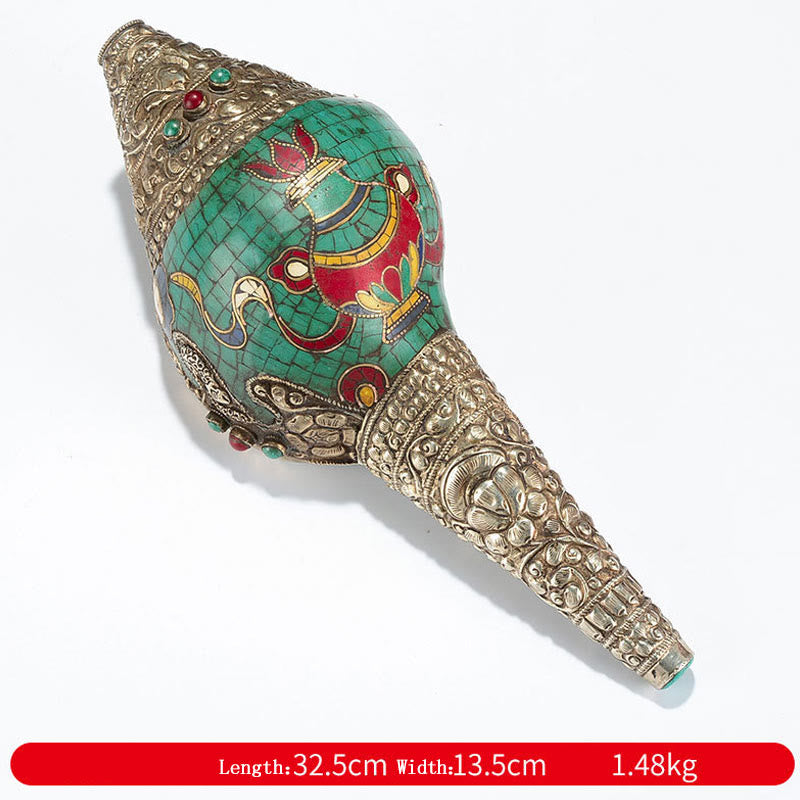チベット手作り Shankha オーム・マニ・パドメ・フム Buddha Avalokitesvara ターコイズ コンクシェル ポジティブ装飾 - 八宝花瓶 32.5×13.5cm - image 27