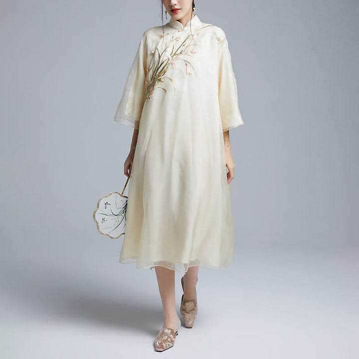 Buddha Stones 100% マルベリーシルク 6匁 ドレス ヴィンテージ フラワー バタフライ 刺繍 チーパオ ドレス レディース チャイナドレス - image 5