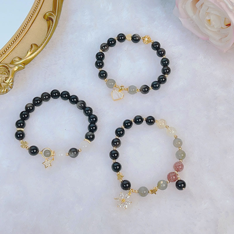 Buddha Stones天然銀光沢黒曜石 ラブハート スターフラワー 守護ブレスレット