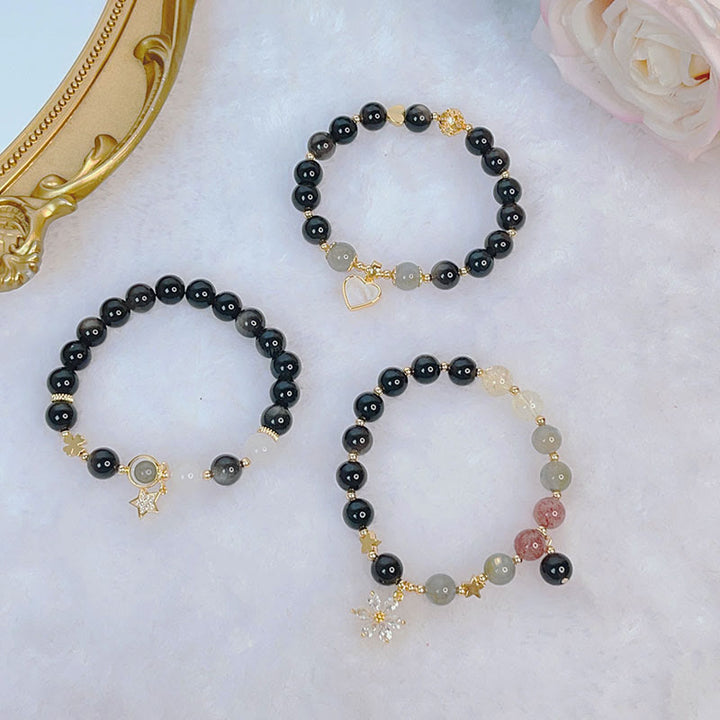 Buddha Stones天然銀光沢黒曜石 ラブハート スターフラワー 守護ブレスレット