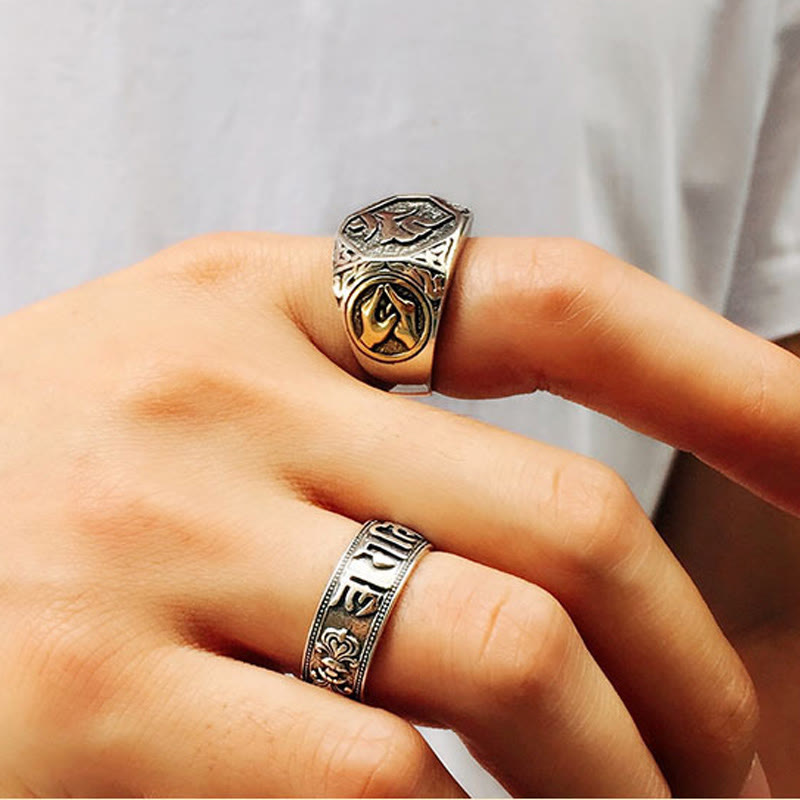 Buddha Stones925 スターリングシルバー サンスクリットデザイン 彫刻入り 保護 調節可能 リング