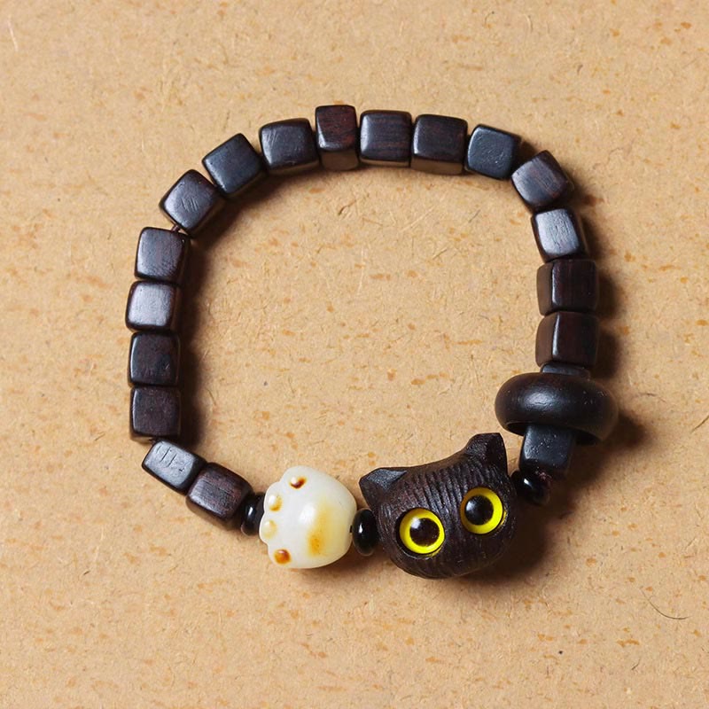 Buddha Stones黒檀かわいい猫 菩提樹 足爪 スクエアビーズ 落ち着いたブレスレット - image 2