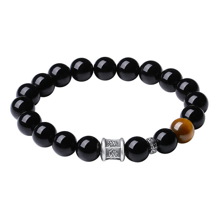Buddha Stones999 スターリングシルバー ブラックオブシディアン タイガーアイオーム・マニ・パドメ・フムフルフィルメントブレスレット