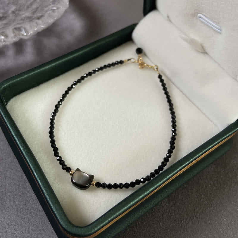 Buddha Stones14Kゴールドメッキ ブラックスピネル ホワイトクリスタル キュートキャット シャコガイ ヒーリングブレスレット - image 2