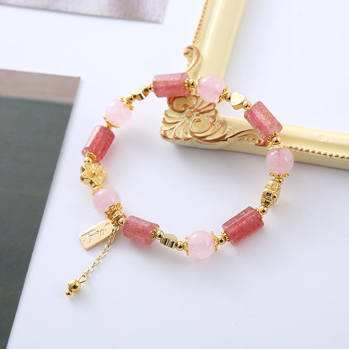 Buddha Stonesストロベリークォーツ ピンククリスタル ラブハートフラワー ポジティブブレスレット
