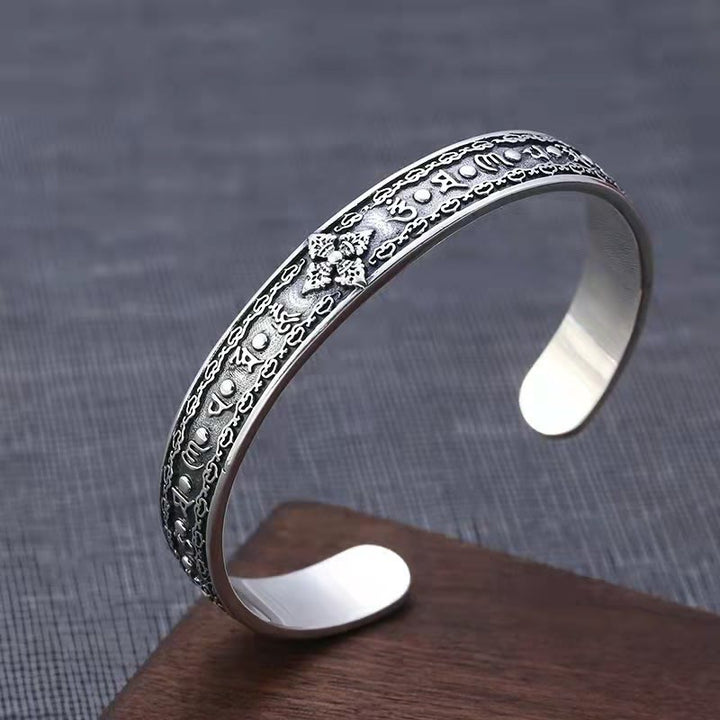 Buddha Stones925スターリングシルバーオーム・マニ・パドメ・フムダブルドルジェ 刻印入り ウィズダムカフブレスレット バングル