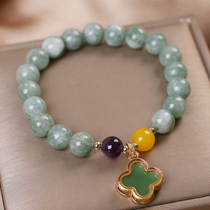 Buddha Stones翡翠四つ葉のクローバー幸運ブレスレット