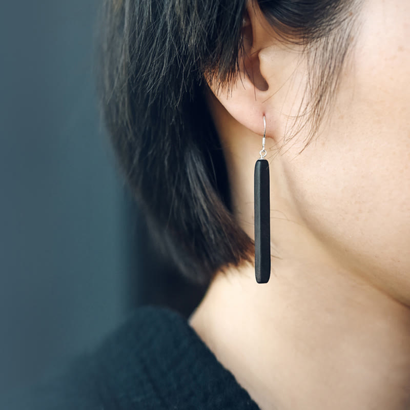 Buddha Stones925スターリングシルバー エボニーウッドテクスチャ バランスピースドロップダングルイヤリング