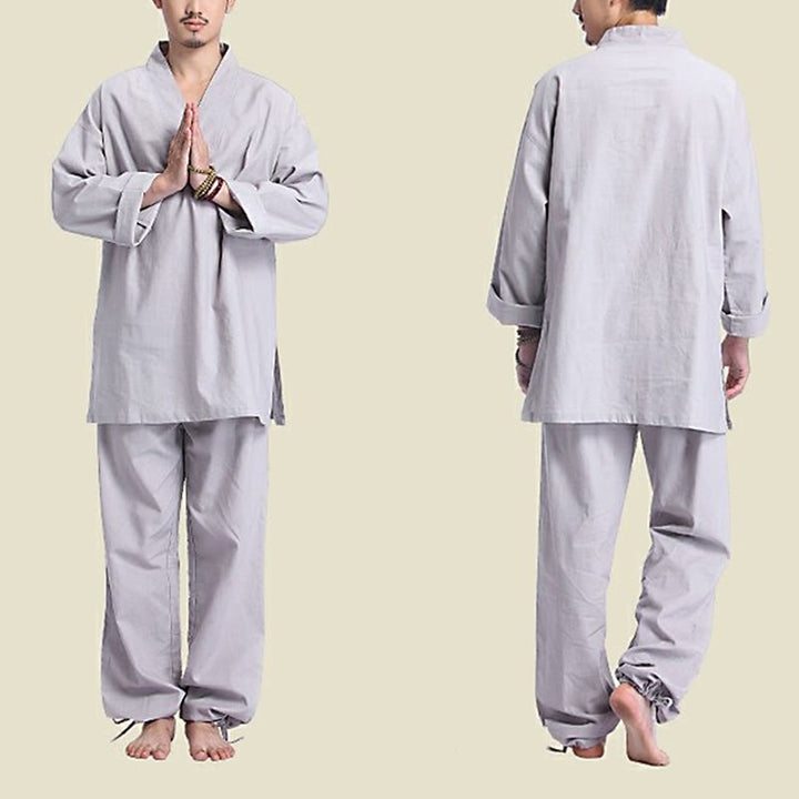 Buddha Stones瞑想祈りVネックデザインコットンリネンスピリチュアル禅練習ヨガウェアメンズセット - image 12