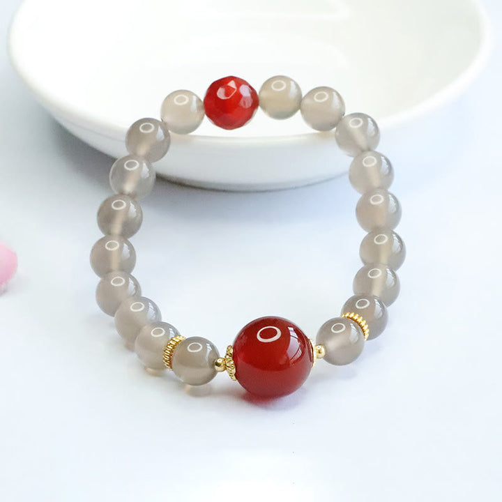 Buddha Stones天然グレーカルセドニー レッドアゲート ハーモニーブレスレット