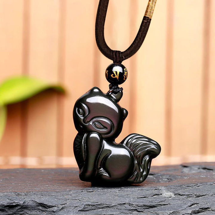 Buddha Stones天然レインボーオブシディアン ゴールドシーンオブシディアン 九尾狐 ポジティブネックレスペンダント