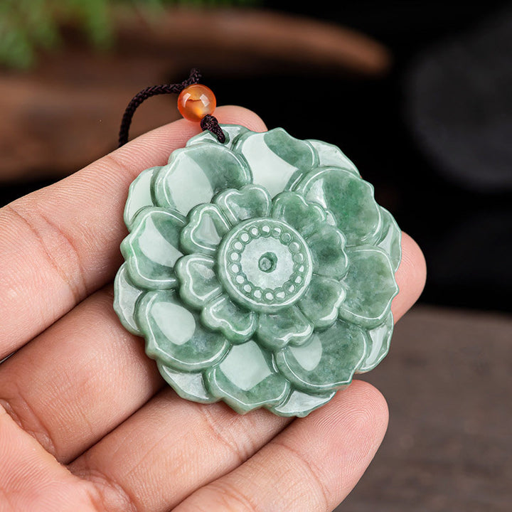 Buddha Stones蓮模様 翡翠 幸運 繁栄 ネックレス ペンダント