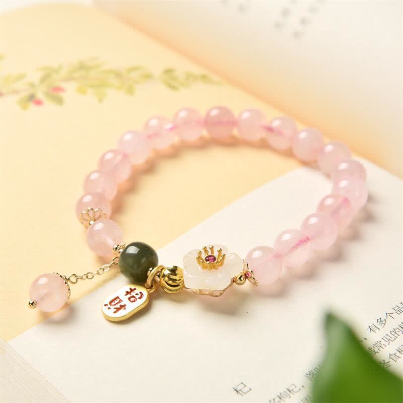 Buddha Stones天然ピンククリスタル翡翠フラワー 温かみのある愛のブレスレット