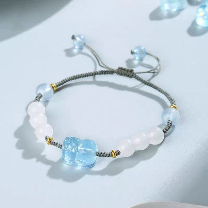 Buddha Stones天然アクアマリン貔貅和田白翡翠ヒーリングブレスレット