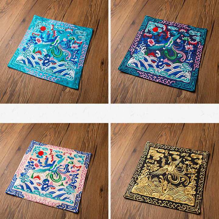 Buddha Stones鳳凰龍 麒麟刺繍 カップマットパッド ティーカップコースター カンフーティーマット
