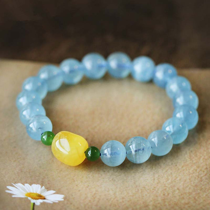天然アクアマリンアンバービーズセレニティヒーリングブレスレット