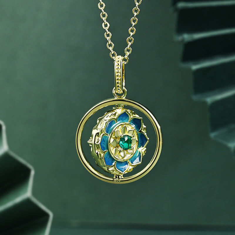 Buddha Stones925スターリングシルバー 蓮の花 フローラルジルコン 悟り 回転式ネックレスペンダント