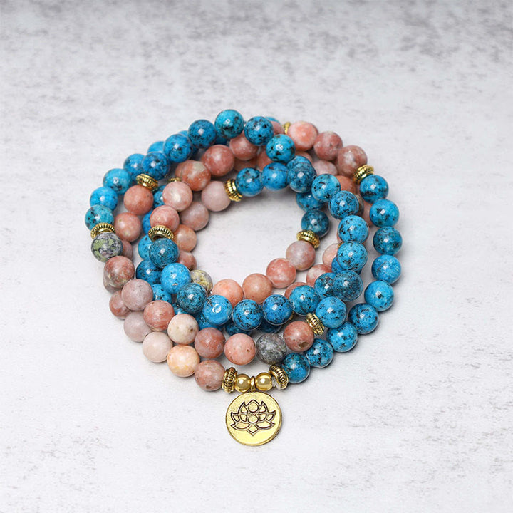 Buddha Stones108 個Malaビーズ アパタイト レッドストーン ロータス 瞑想 祈り ビーズ ブレスレット
