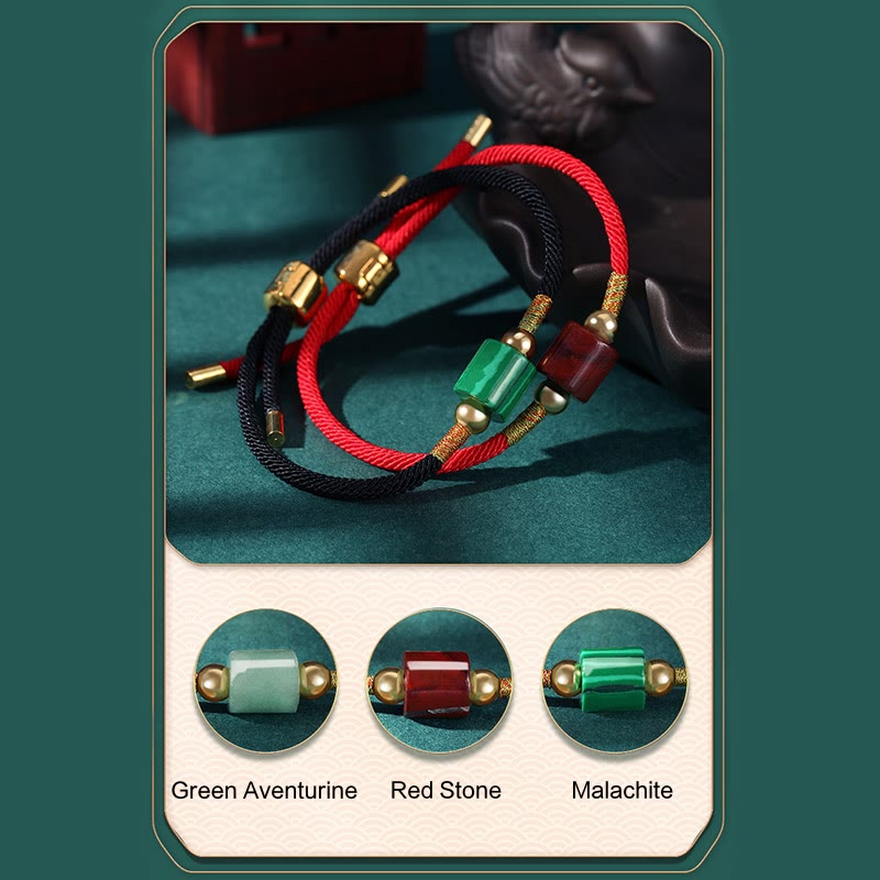 Buddha Stonesチベット ハンドメイド グリーンアベンチュリン レッドストーン マラカイト 幸運の守護 編み込みロープブレスレット
