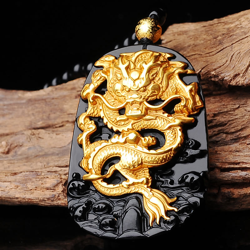 Buddha Stones18Kゴールドメッキ ドラゴンオブシディアン ラッキーペンダントネックレス - 黒曜石 - image 3