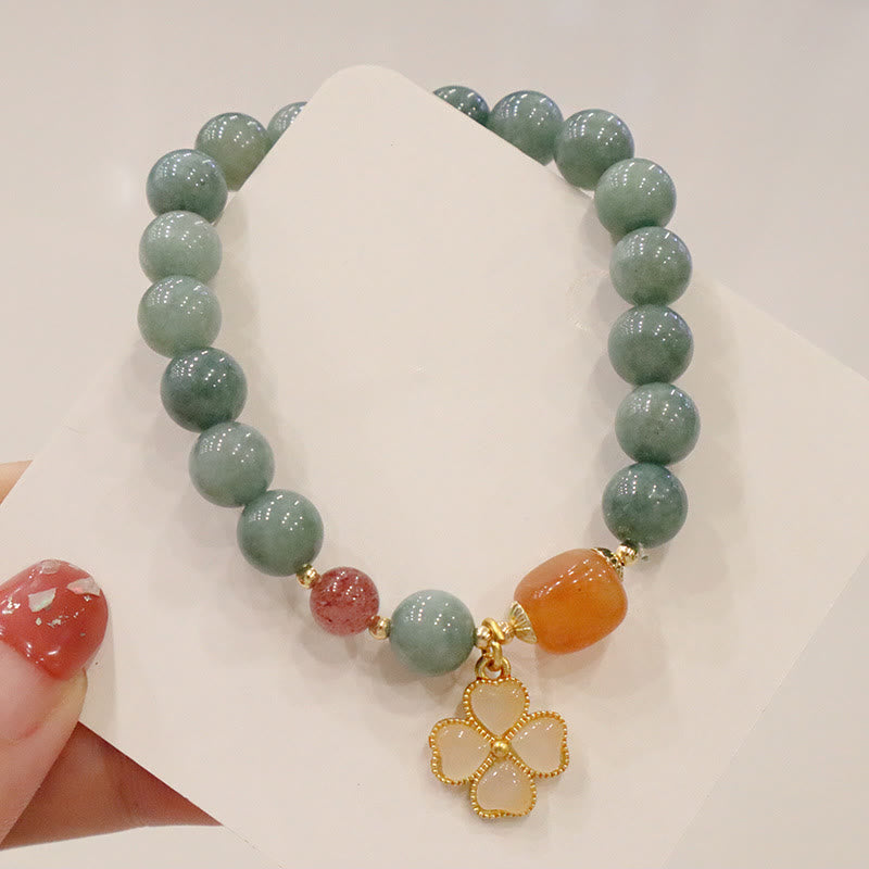 Buddha Stones翡翠四つ葉のクローバーチャーム繁栄ブレスレット