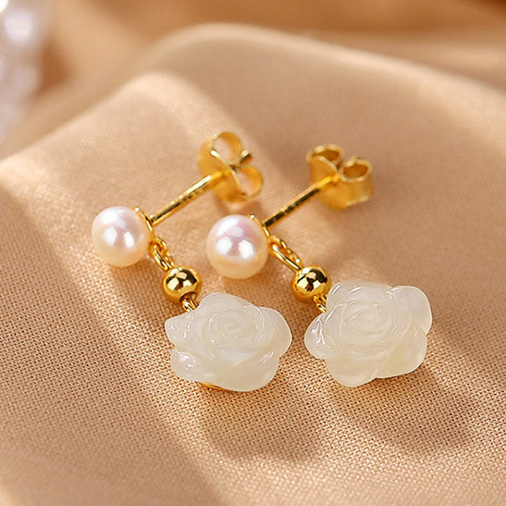 Buddha Stones 925スターリングシルバーメッキゴールド翡翠ローズフラワーシアン翡翠パール幸運イヤリング