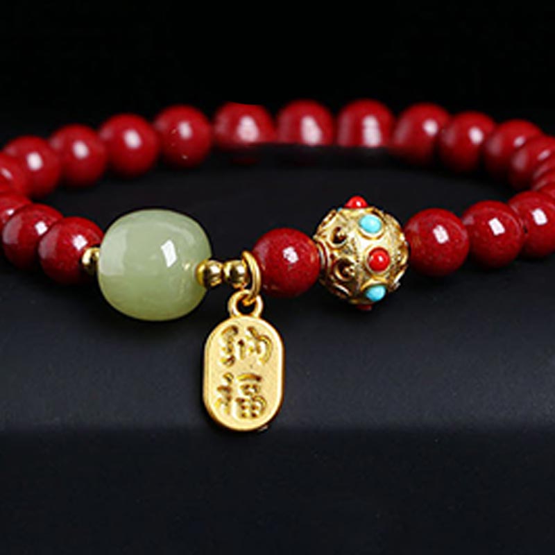 Buddha Stones辰砂 グリーンアベンチュリン 幸運 守護 チャームブレスレット