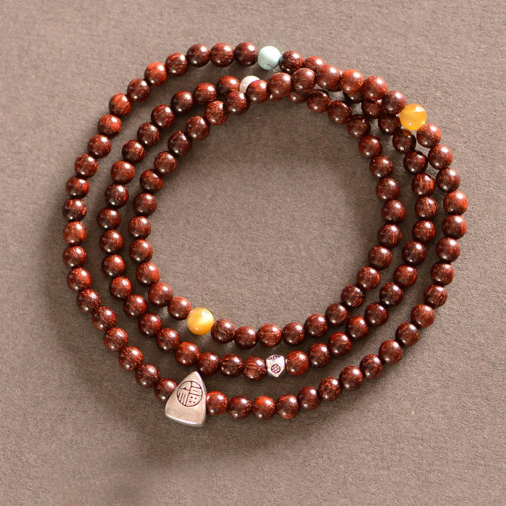 Buddha Stones925スターリングシルバー インド産小葉レッドサンダルウッド フーキャラクタープロテクショントリプルラップブレスレット