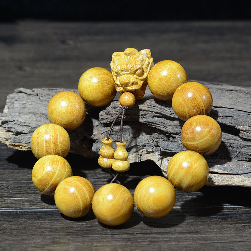 Buddha Stones、ローズウッド、グリーンサンダルウッド、小葉紫檀、龍彫刻の守護ブレスレット