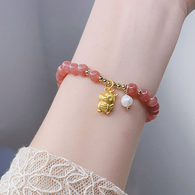 Buddha Stones年用ブッダストーン ストロベリークォーツ 龍珠 チャーム守護ブレスレット