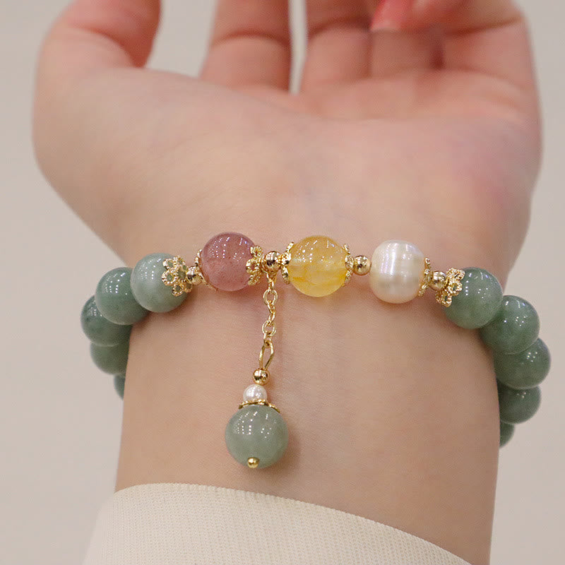 Buddha Stones翡翠パール ストロベリークォーツ 豊穣の幸運ビーズチャームブレスレット