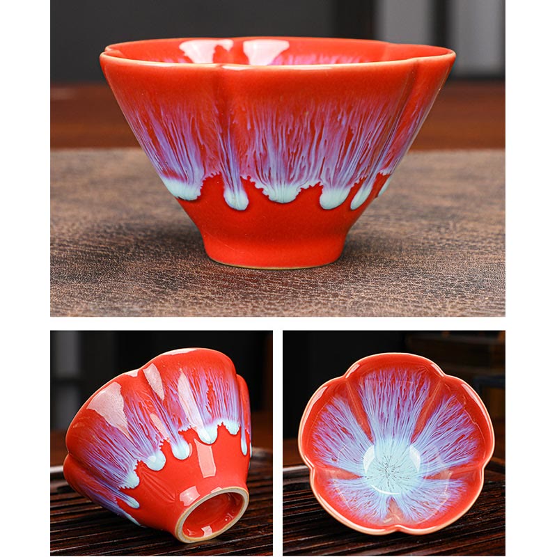 Buddha Stones6個 梅の花びら模様 中国 Jianzhan 窯変 陶器 ティーカップ カンフー ティーカップ ボウル ギフトボックス付き