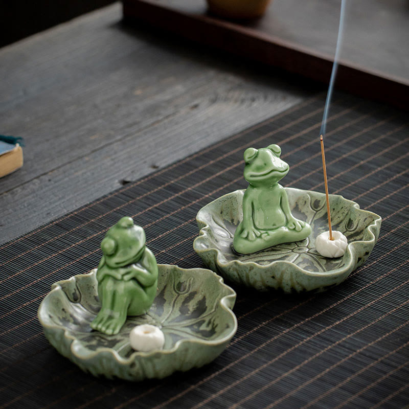 Buddha Stones葉 瞑想 カエル柄 癒し 陶器 香炉 装飾