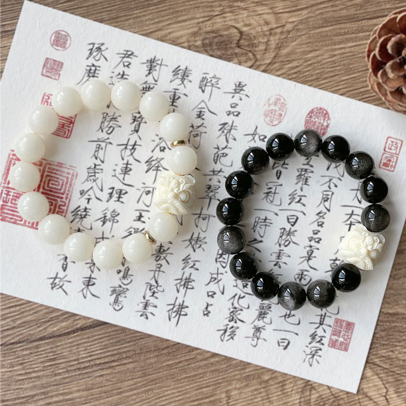 Buddha Stones銀の輝き 黒曜石 菩提樹の種 象牙 フルーツ ダンシングライオン 守護ブレスレット