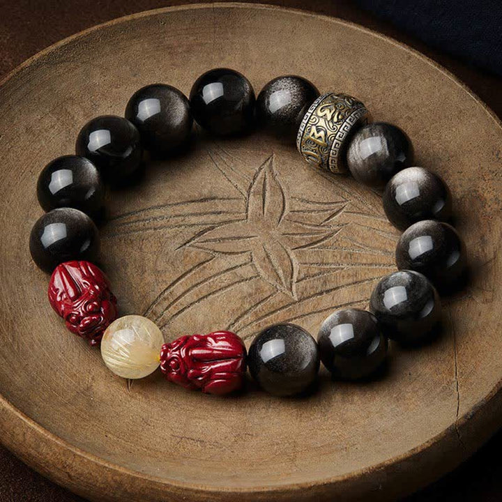 Buddha Stones金彩 黒曜石 貔貅 辰砂オーム・マニ・パドメ・フム守護ブレスレット
