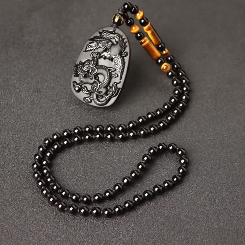 Buddha Stonesブラックオブシディアン タイガーアイ ドラゴン フェニックス 守護ビーズネックレスペンダント - オブシディアンタイガーアイビーズチェーン - image 12
