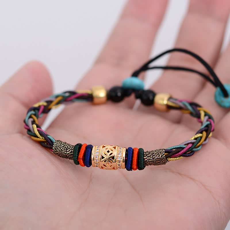 Buddha Stonesチベット手作りの8本糸結び銅貨幸運織り紐ブレスレット
