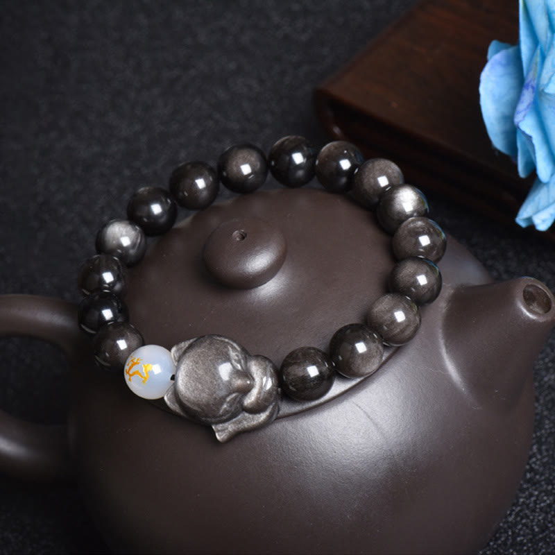 Buddha Stones天然レインボーオブシディアン ゴールドシーンオブシディアン シルバーシーンオブシディアン フォックスヒーリングブレスレット