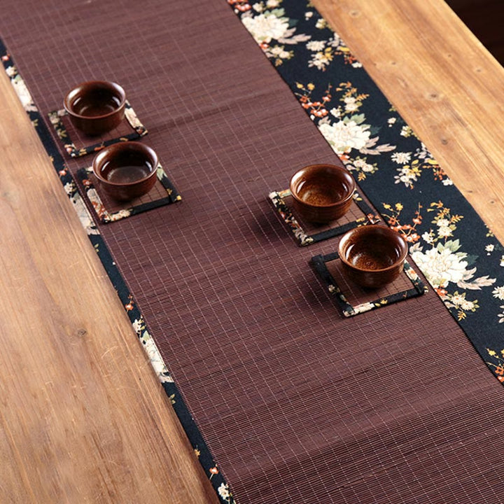 Buddha Stonesヴィンテージ 牡丹の花 竹製 カップマット パッド ティーカップ コースター カンフー ティーマット