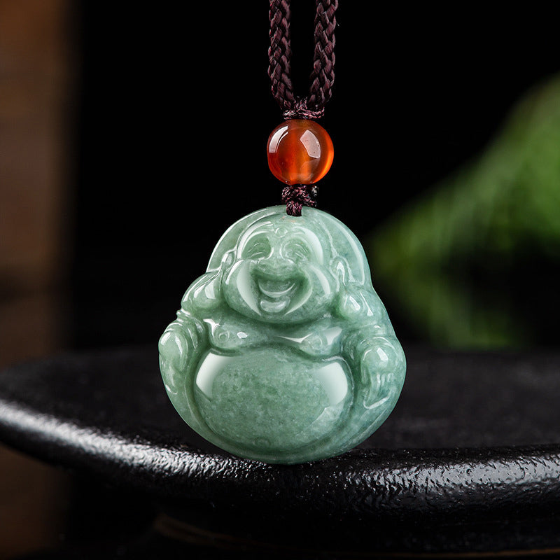 Buddha Stones笑う仏陀 シアン翡翠 成功のネックレス ストリングペンダント
