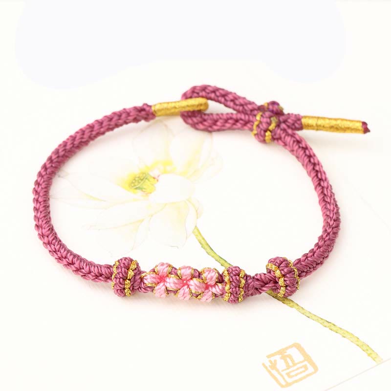 Buddha Stones手作りの三つの桃の花の幸運の8連編み紐ブレスレット