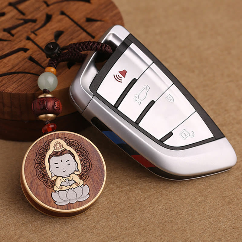 Buddha Stones黒檀木材ローズウッド仏観音菩薩Om Mani Padme Humバランス車のキーチェーン装飾