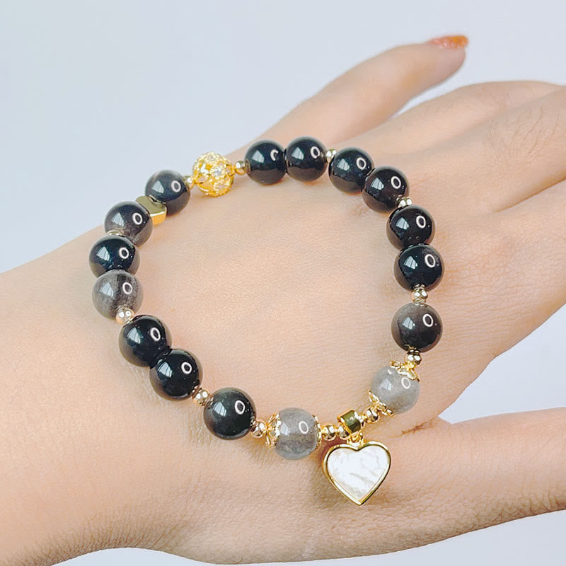 Buddha Stones天然銀光沢黒曜石 ラブハート スターフラワー 守護ブレスレット